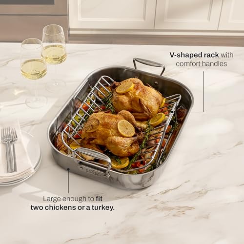 Image of All-Clad Specialty Stainless Steel Roaster with Rack 14x18 Inch Oven Broiler Safe 600F Roaster Pan, Pots and Pans, Bakeware, Silver
