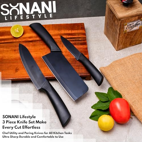 Image of Professional Piece Kitchen Knife Set - High Carbon Stainless Steel Chef, Utility & Santoku Knives with Ergonomic Blue Handles Knife (Black, 3 piece)