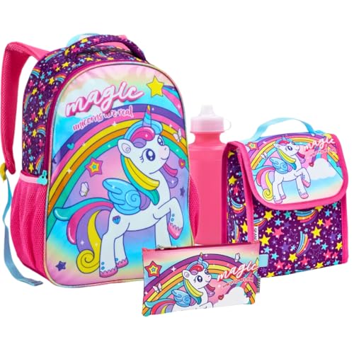 Kit Mochila Infantil Feminina Lancheira Térmica Estojo Garrafa Rosa Unicórnio Magic Menina