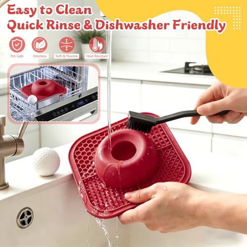 Image of Slow Feeder Dog Bowls & Lick Mat for Liquid and Thick Treat, Anti-Slip Dog Lick Bowl with Interactive Rolling Ball, 5 /6 Cup Pup Licking Toy for Large Medium Small Dogs and Cats Red