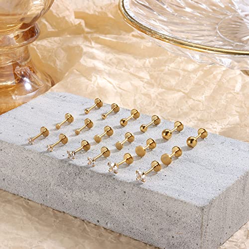 Ironbox 12 Pairs Tiny Stud Hoop Earring 18K Gold Plated Stainless Steel Earring Sets For Multiple Piercing Small Threadless Flat Back Earrings Cartilage Hoop Earrings #TOP3