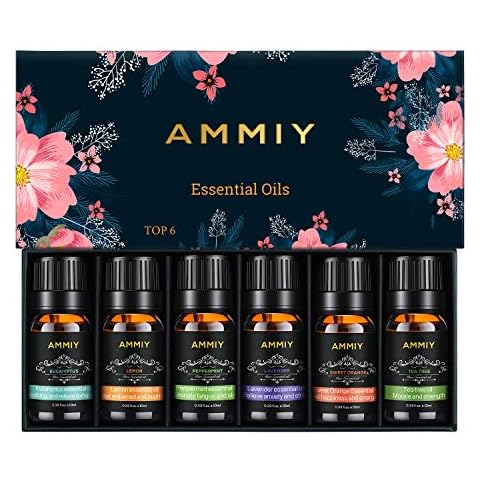 AMMIY Essential Oils Set of 6 x 10ml for Aromatherapy Bath Spa Diffuser Fragrance Relaxing Scent, Pure, Natural, Vegan Oils Including Eucalyptus, Lemon, Peppermint, Lavender, Sweet Orange, Tea Tree Cover