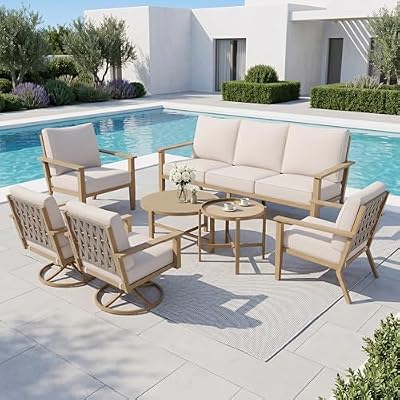 SUNSHINE VALLEY Patio Conversation Set,7 Pcs Metal Outdoor Furniture with 3-Seater Sofa,2 Swivel Chairs,2 Single Chairs,Metal Nested Table and 5.75" Extra Thick Cushion for Lawn Garden Backyard,Beige