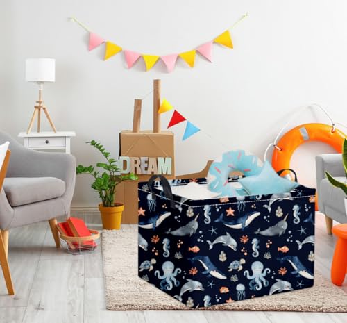 Image of Rectangular Ocean Basket Kids Baby Storage Bin Toy Organizer Box for Boys Under the Sea Nursery Decor(Ocean)