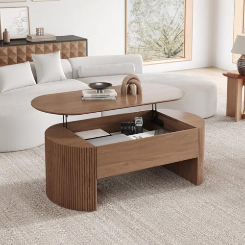 Homary Table Basse Relevable Extensible Moderne, Lift-up Coffee Table Ovale Noyer, Plateau en Bois 1200mm, Espace Rangement Caché pour Salon & Petit Espace