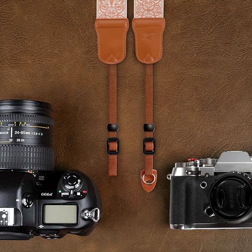 Image of Padwa Lifestyle Khaki Yellow flower Camera Strap - 2 inch Cowhide Head,Jacquard Embroidery Woven Cotton,Adjustable Shoulder Neck Camera Straps for Photographers