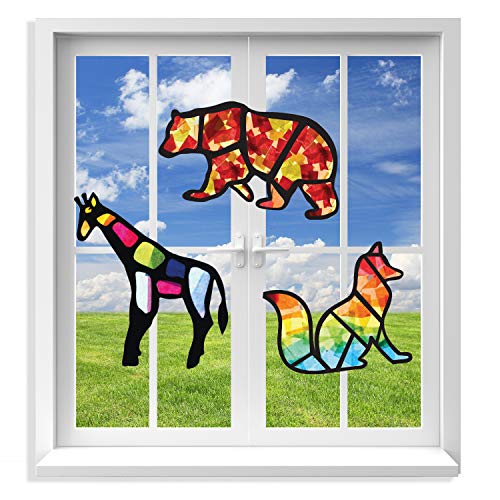 VHALE Suncatchers Craft 3 Sets (9 Cutouts) w Tissue Papers Stained Glass Effect Paper Sun Catcher Kit, Window Art, Classroom Crafts, Creative Art Projects, Kids Party Favors (Animal)