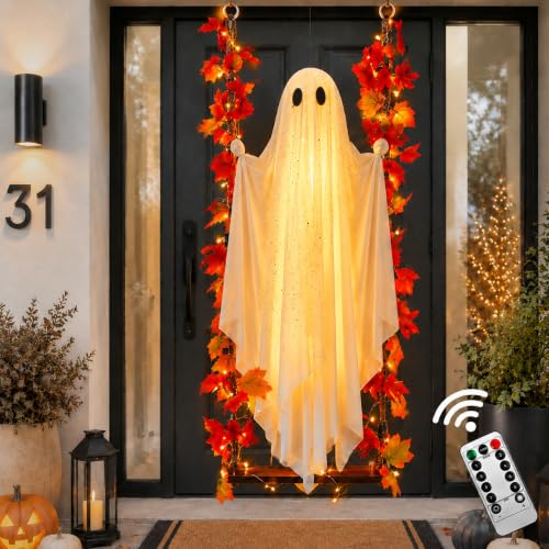 AYGXU Halloween Decorations Outdoor Indoor-5.3ft Hanging Ghost Decor with a Maple Leaf 6.6ft Swing Ghost Light Halloween Decor for Tree Yard Porch Garden