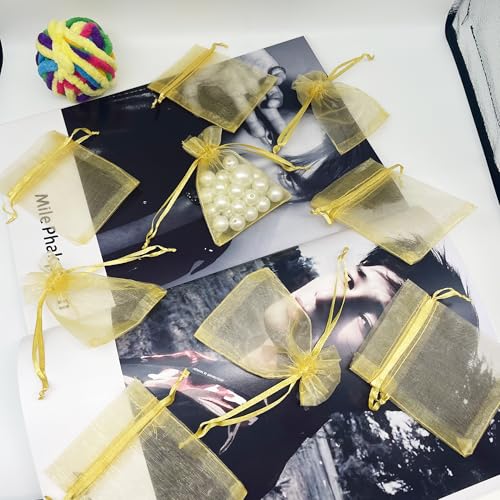 Image of Organza Bags 2.8 inchx3.6 inch, 100Pcs Small Mesh Drawstring Pouches | Gold Organza Bags for Jewelry, Candy, Party Favors, Small Sachet Wrap, Storage Supplies