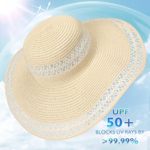 Image of Womens Beach Sun Straw Hat, Wide Brim Sun Hat Travel Foldable Summer Wind Lanyard UPF 50+