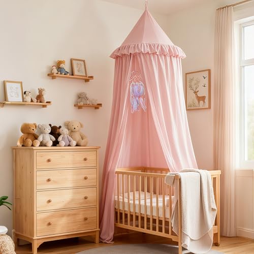 Akiky Kids Bed Canopy for Crib & Twin Size with Ruffles Dreamcatcher, Princess Girls Nursery Room Decor Toddler Baby Dome Round Hanging Tent Curtains...