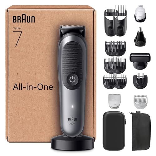 Braun All-in-One Series 7, 18-in-1 Multigroom, Barttrimmer, Nasenhaartrimmer, Haarschneidemaschine für Gesicht, Kopf und Körper, 120 Min Akku, 14 Längen (0.1–21 mm), Wasserdicht, AIO7585, Grau