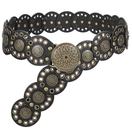 JASGOOD Ceinture Cowboy Femme à Large Disque en Cuir Boucle Métal Ronde Ceinture Western Réglable Grande Taille pour Robe Jeans,Noir(bronzé),Taille moins...