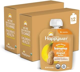 Happy Baby Organics Nutty Blends Stage 2, Bananas & Peanut Butter Organic Baby Food, 12 Ct