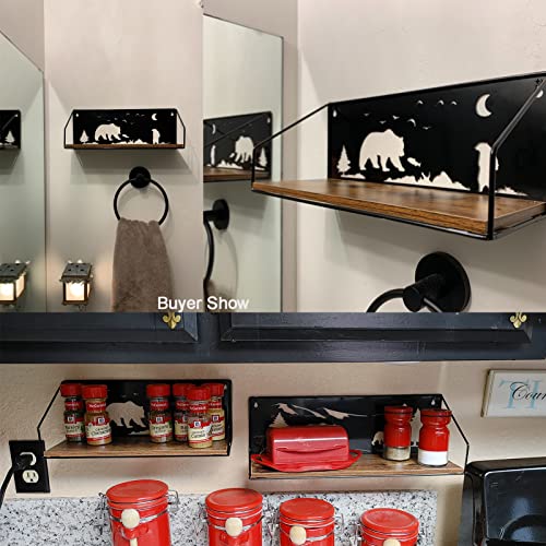 Giftgarden Floating Shelves For Wall With Unique Adorable Bears Cutouts, Rustic Wooden Iron Wall Shelf Decor For Bathroom Cabin Lodge Bedroom Kitchen Living Room Nursery, Black, Set Of 2 #TOP1