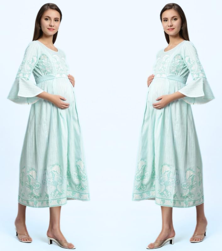 Image of DUMMY SHAPE Feeding Nighty | Maternity Dresses for Women Cotton Blend | Floral Pink Anarkali Kurta with Dual Nursing Zippers for Pregnancy & Breastfeeding | Gifts for Pregnant Women (