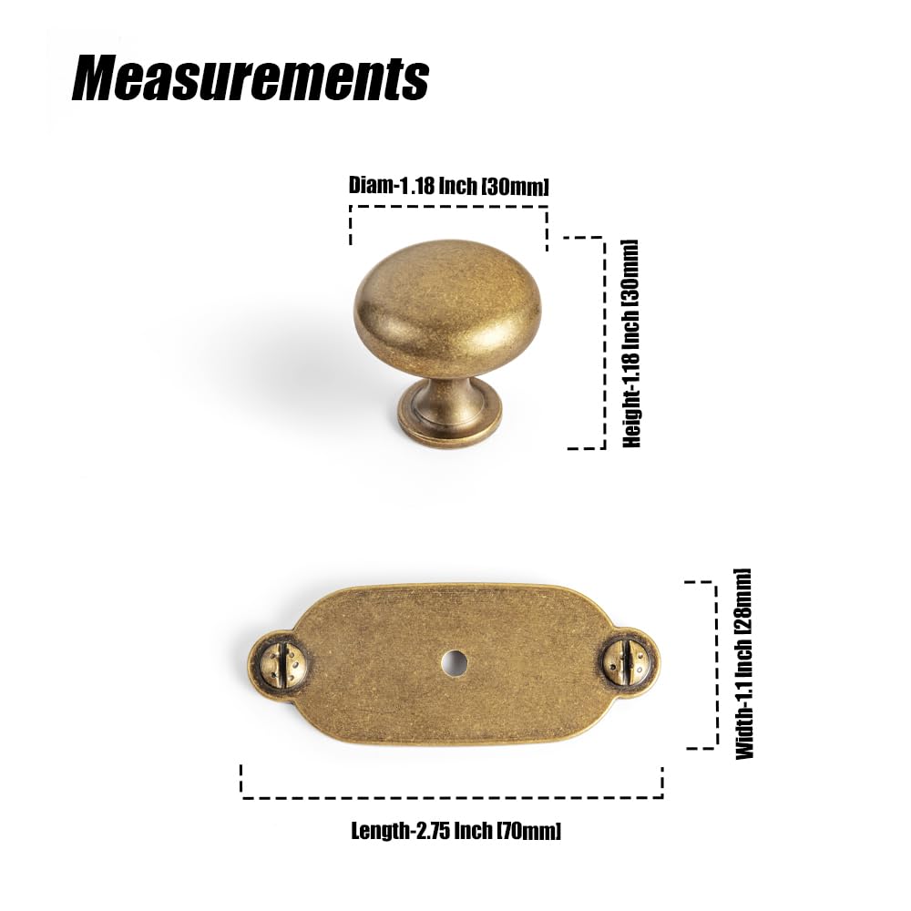 Goo-Ki Antique Brass Zinc Alloy Cabinet Knob with Backplate - Single Hole Center Cabinet Pull Hardware for Bedroom, Kitchen, 6 Pack(8611-G013) — Amazon image 3