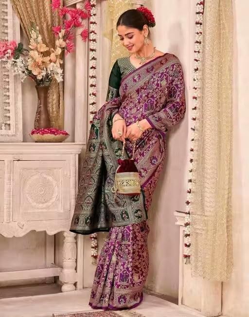 Image of Yashika Women's Banarsi Silk Saree with Blouse Piece for Traditional Ethnic Wear Sari