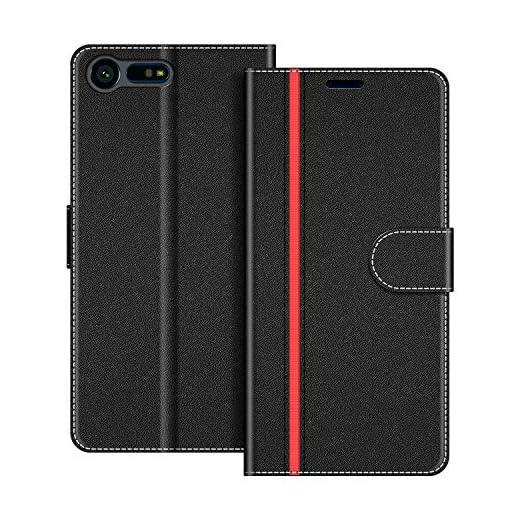 COODIO fodral till Sony Xperia X Compact, magnetiskt flip-fodral telefonfodral kompatibel med Sony Xperia X Compact mobilfodral, Svart/Röd