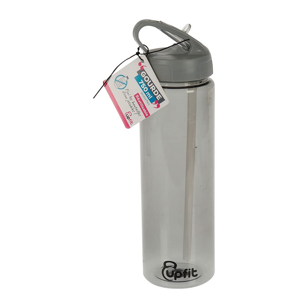UPFIT - Sportdrinkfles, met intrekbare pipet – transparant – kleur: grijs – niet geïsoleerd – eenvoudig te bedienen en praktisch – opening met één hand – 750 ml