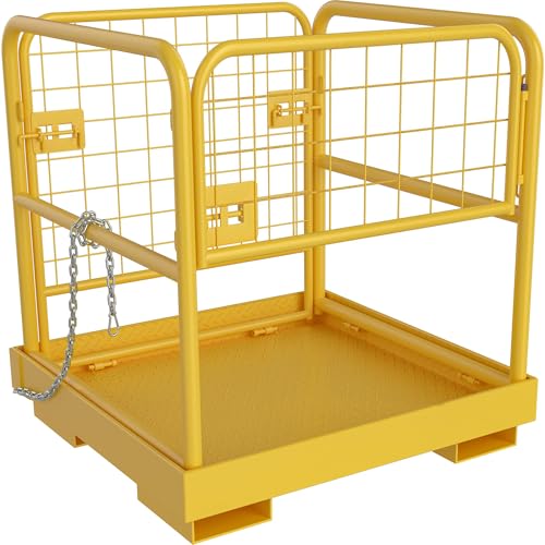 Gabbia di sicurezza per carrelli elevatori, 91 x 91 cm, piattaforma di lavoro resistente, capacità 521,6 kg, cestello in acciaio a 3 catene per operazioni aeree sicure