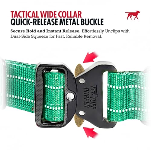 Image of Tuff Pupper Tactical Dog Collar | Heavy Duty 1.5 inch Wide Ballistic Nylon | Training Control Handle | Quick-Release Metal Buckle | Reflective Bands | ID Tag Holder | Padded Inner Lining (Green, Medium)