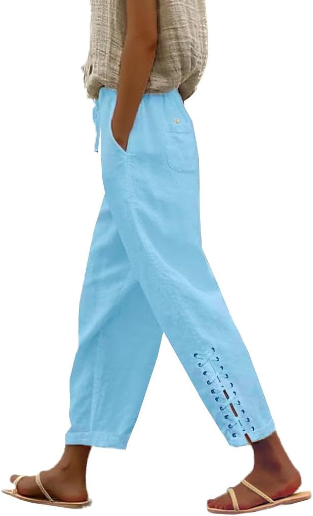 BIRW 2026 Summer Women Cotton Linen Pants Casual High Waist Comfy Lightweight Gauze Pants with Pockets Loose Trousers