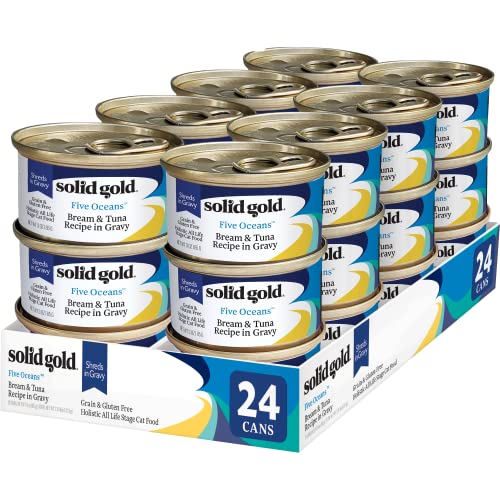 Image of Solid Gold Wet Cat Food Shreds in Gravy - Healthy Canned Cat Food Made w /Real Tuna, Sea Bream, Vitamins, Minerals & Taurine - Grain Free & Gluten Free Canned Meals for Cats & Kittens - 24ct /3oz Can