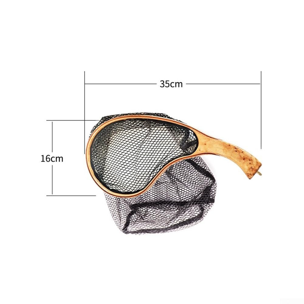 Red de pesca con mosca, mango de madera, malla negra, 38 cm