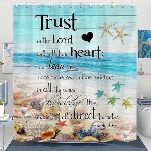 Ocean Beach Theme Shower Curtain for Bathroom, Bible Verse Inspirational Seashell Starfish Shower Curtains, Summer Tropical Sea Turtle Nautical Coastal Fabric Bath Curtain Decor with Hooks, 70X72IN