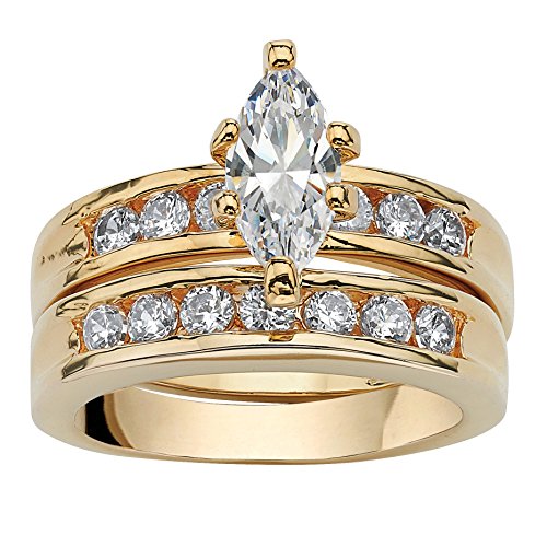 Palm Beach Jewelry 14K Yellow Gold Plated Marquise Cut and Round Cubic Zirconia 2 Piece Bridal Ring Set Size 6