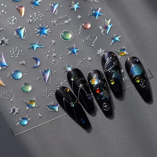 Celestial Nail Stickers Star Moon Nail Decals Blue Galaxy Planet Nail Art with Silver Accent Stickers for Nails Designs Self Adhesive Nail Art Supplies for Women Girls 1 Sheet