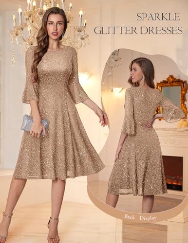 Image of HomRain Women's Church Dresses Modest Bell Sleeve Wedding Guest Cocktail Tea Party Vintage Evening Dress