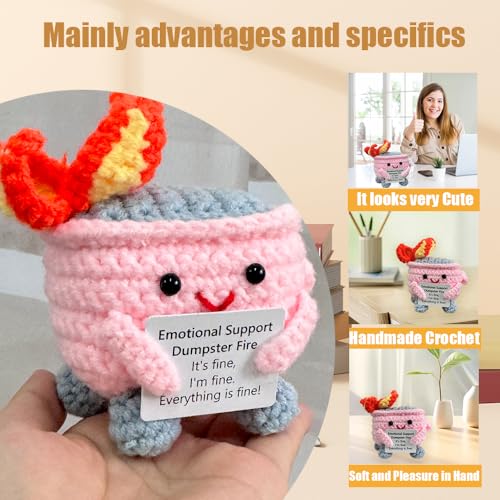 Image of RovyFota Handmade Crochet Dumpster Fire Plush - Stress Relief Amigurumi for Adults & Teens, Funny Desk Decor, Emotional Support Gift for Coworkers, College Students, Roommates (Pink)