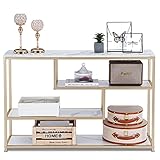 Ivinta 3-Tier Console Table with Storage, White Entryway Table with Shelves, Gold Small Table Sofa Tables for Living Room, Hallway,Narrow Accent Table Buffet Table with Faux Marble Veneer