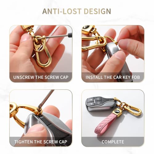 Image of Gkeygo Carabiner Keychain, Universal Heavy Duty Woven Handmade Leather Key Chain, Car Fob Key Keychains with 360 Degree Rotatable Snap Swivel and Anti-Lost D-Ring for Men and Women,Light Gold - Pink