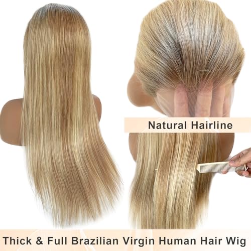 Image of Highlight Ombre 13x4 Lace Front Wig Human Hair 22 Inch Chocolate Brown to Bleach Blonde Highlights HD Transparent Lace Frontal Wigs Pre Plucked 180% Density Human Hair Lace Front Wigs for White Women
