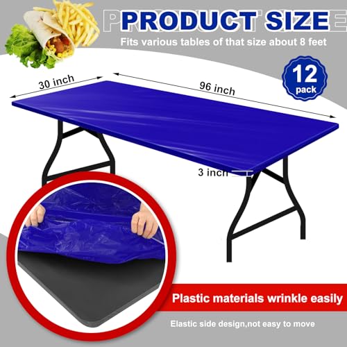 Image of Boao 12 Plastic Elastic Fitted Tablecloths, 8 Ft, 96 x 30 Inch, Navy Blue