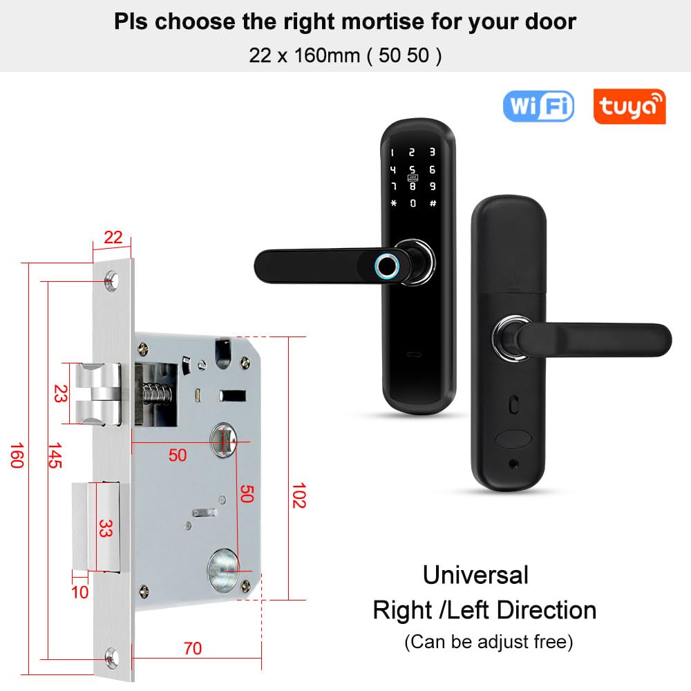 TUYA Serrure de porte intelligente avec poignée : authentification biométrique, mot de passe numérique, entrée sans clé à empreintes digitales, serrure à mortaise électronique Bluetooth