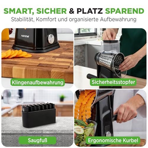 NutriChef Käsereibe und Gemüsehobel mit Kurbel, 5 Wechselklingen – Schwarz – Ansicht 7