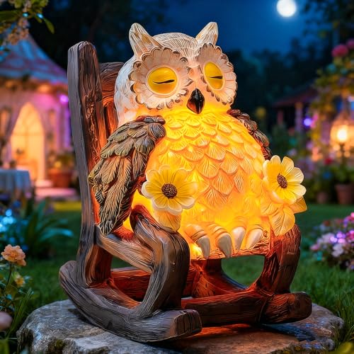 LIULO TOOL Garden Gift for Mom Grandma LED Solar Owl on Chair Patio Sculpture Cute Outdoor Fairy Garden Housewarming Decor Figurine 6x4.5x3.3 in