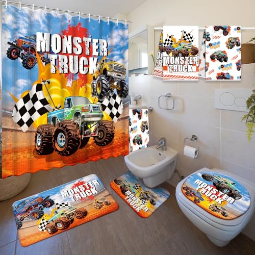 Nuanchu 6 Pcs Shower Curtain Set with Rug Monster Truck Bathroom Sets with Shower Curtain Bath Mat U Shaped Mat Toilet Lid Cover 2 Bath Towels and 12 Hooks Monster Truck Bathroom Decor