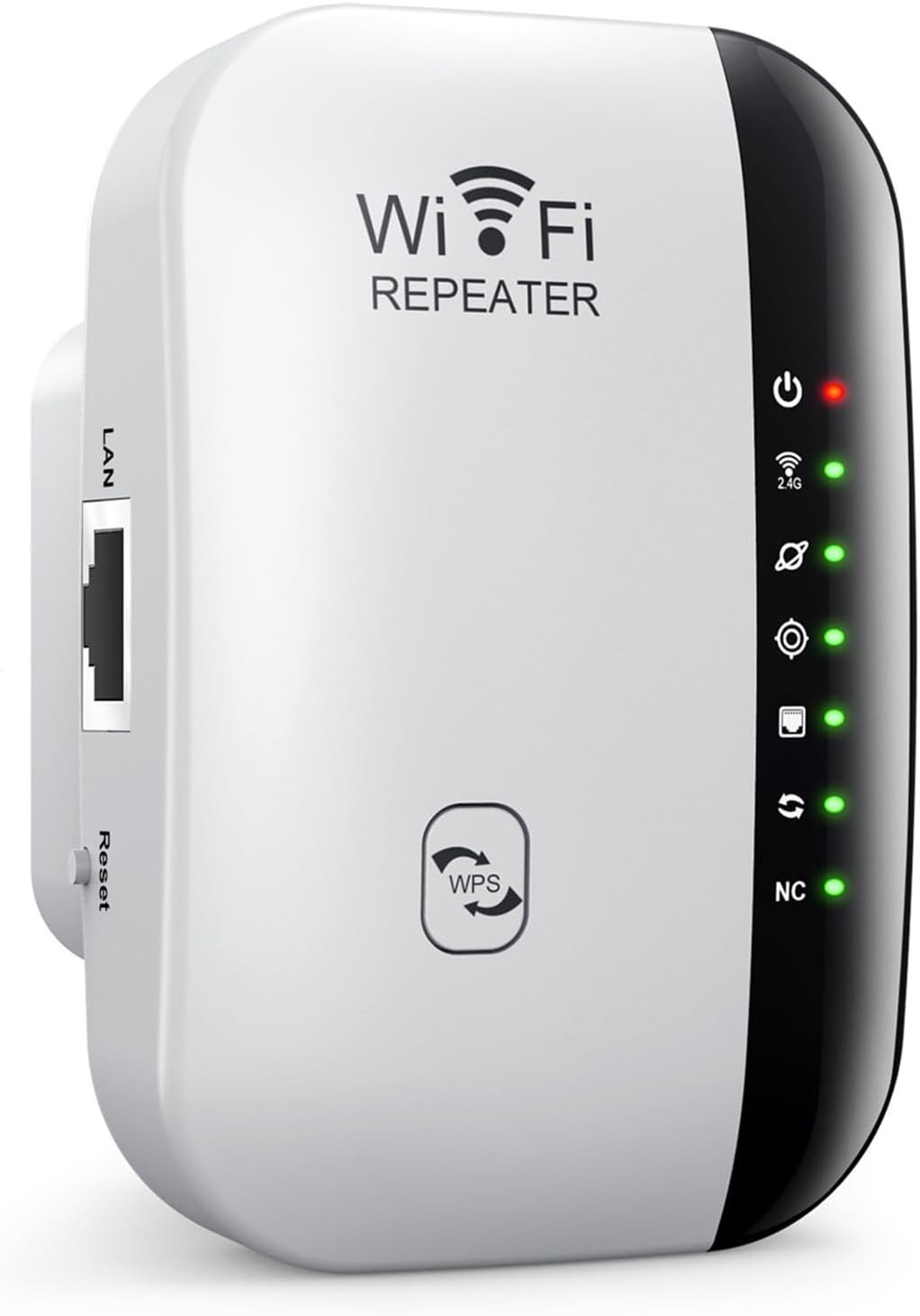 Front view of the LifflyLadys 300M Wireless Router Signal Amplifier, showing the Wi-Fi Repeater logo, WPS button, LAN port, Reset button, and LED indicators.