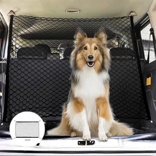 Junrvivy Rejilla para perros para el maletero del coche, red de doble capa, para maletero de perros, con 4 ganchos, red de almacenamiento plegable, 120 x 90 cm