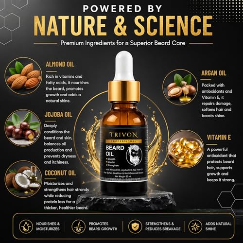 Image of Trivon Professional Beard Oil with Almond Oil, Jojoba Oil & Tea Tree, Smooth, Nourish, Strengthen, 30ml