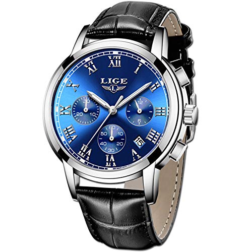 LIGE Mens Watches Fashion Luxury Blue Analog Quartz Watch Mens Business Dress Automatic Date Watch Waterproof Sports Chronograph Wristwatch