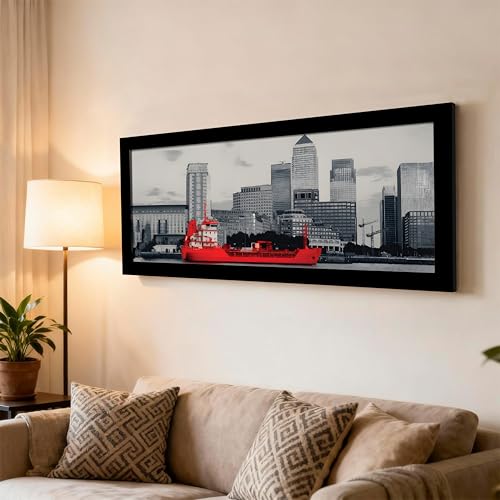 Image of PAINTINGMANTRA London City Sea View with Ship Black and White Wall Art Framed Luxury Paintings for Home Decoration, Living room, Bedroom and Office Decoration (99x38 CM)