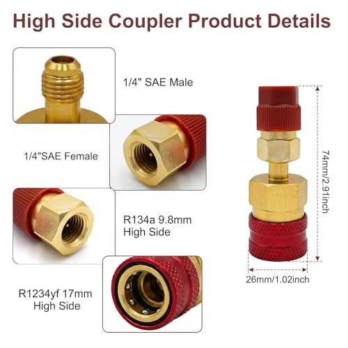 Elixvane Adaptateurs R1234yf vers R134a, Kit de Coupleur Rapide Air Comprimé pour Recharge Climatisation Voiture, Raccord de Réfrigérant Connecteur Côté Haut et Bas Pression en Laiton – vue 3