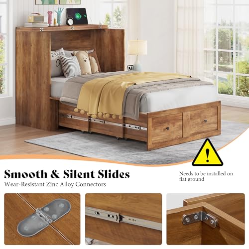 Image of AMERLIFE Twin Murphy Bed Cabinet with Charging Station and Storage Drawer, Farmhouse Foldable Platform Bed for Home Office, Apartment, Small Spaces, Barnwood