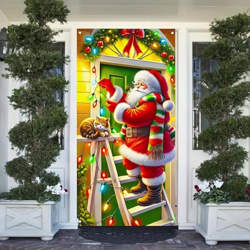 Image of BlissYard Christmas Door Cover Santa Ladder Cat 35x71 Inch Polyester